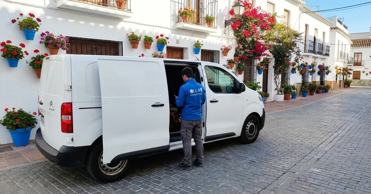 Electricista de VLR Instalaciones con la furgoneta, atendiendo en Estepona