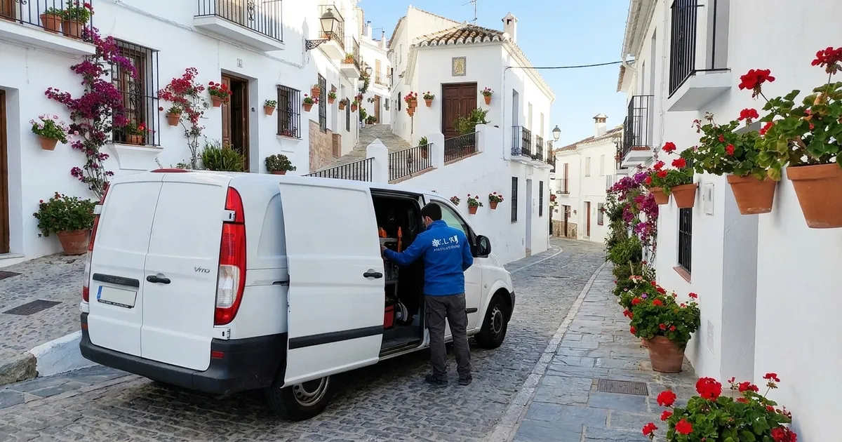 VLR Instalaciones electrician with the company van, serving Frigiliana