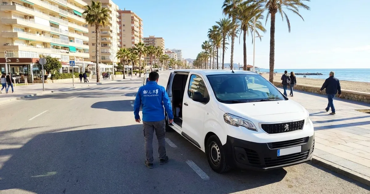 Electricista de VLR Instalaciones con la furgoneta, atendiendo en Fuengirola
