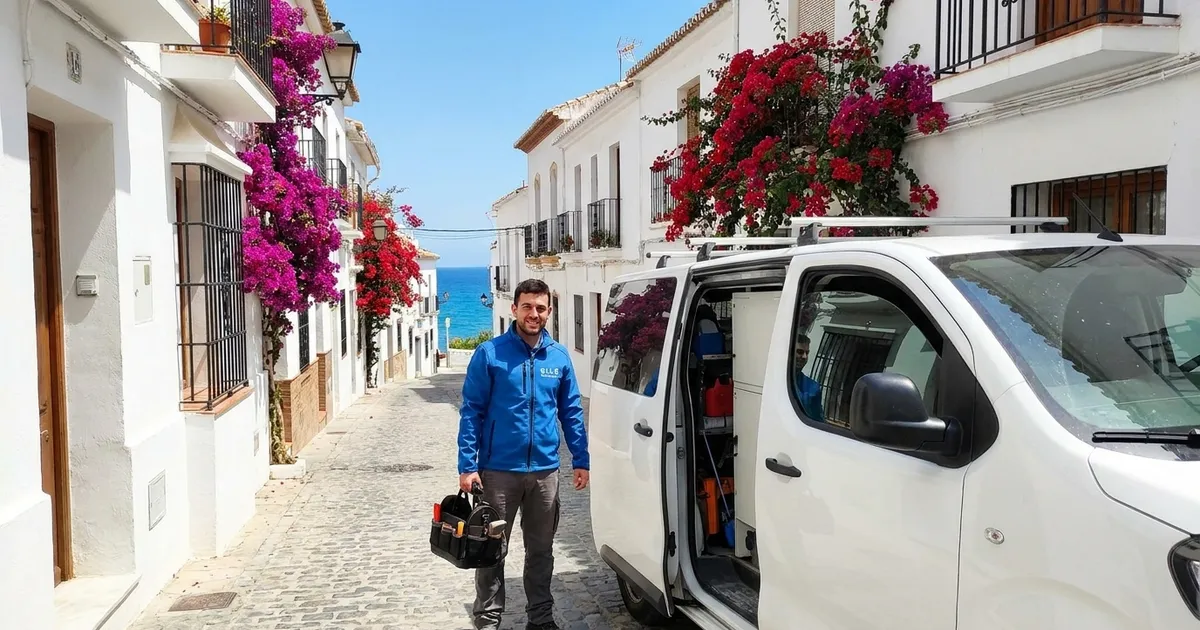 Electricista de VLR Instalaciones con la furgoneta, atendiendo en Nerja