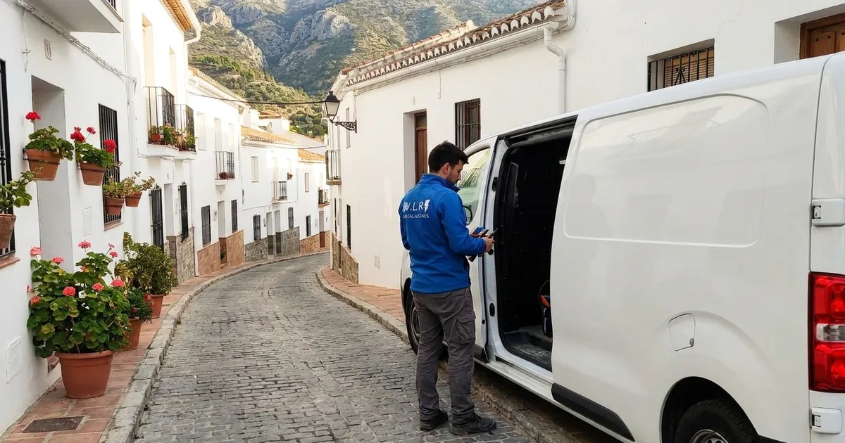 Electricista de VLR Instalaciones con la furgoneta, atendiendo en Ojén