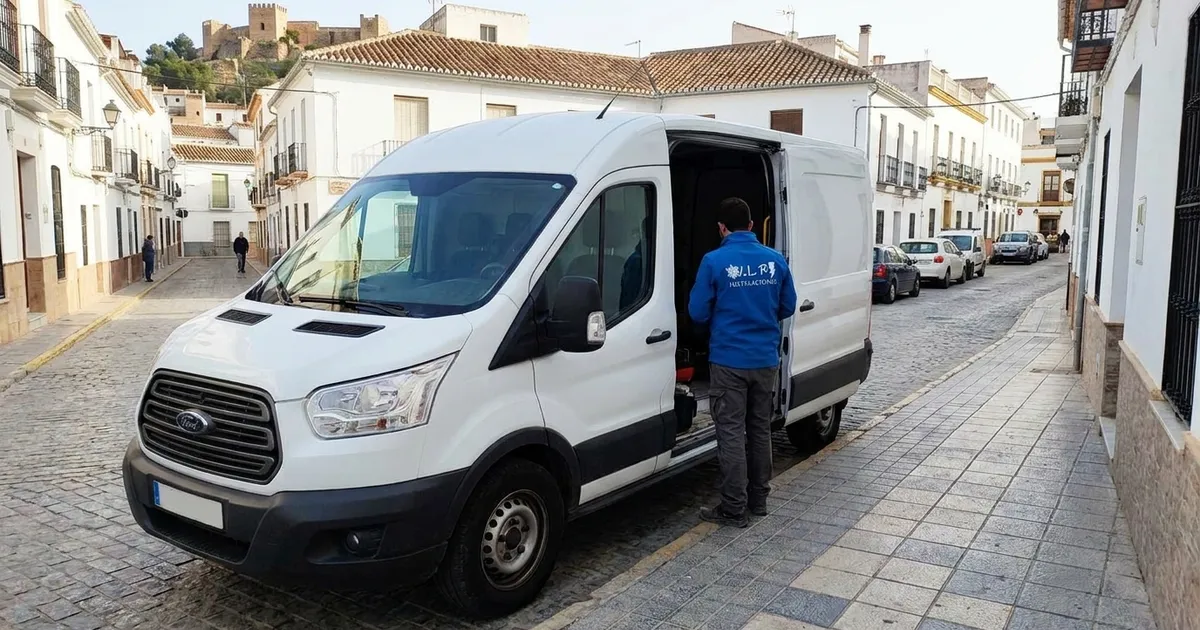 Electricista de VLR Instalaciones con la furgoneta, atendiendo en Vélez-Málaga