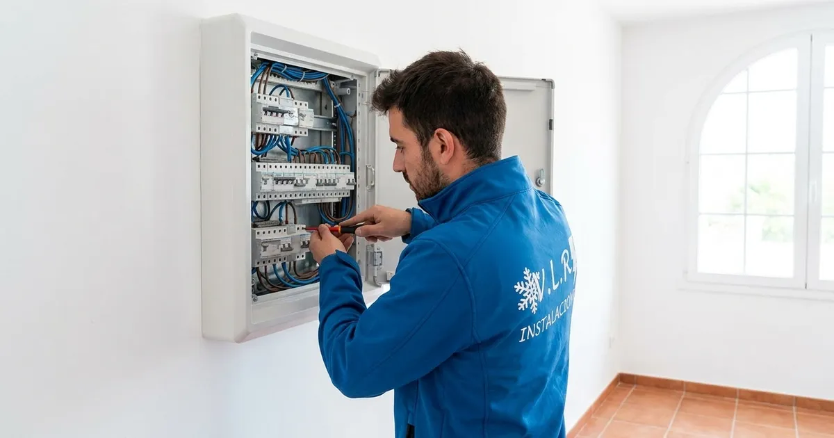 Electricista de VLR Instalaciones trabajando en un cuadro eléctrico en una vivienda de Málaga